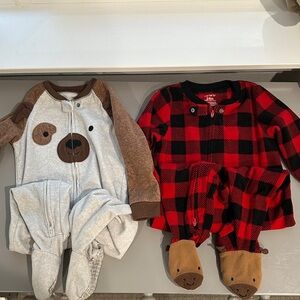 Carter's Red & Black Buffalo Plaid and Gray Bear Footed One-Piece Set